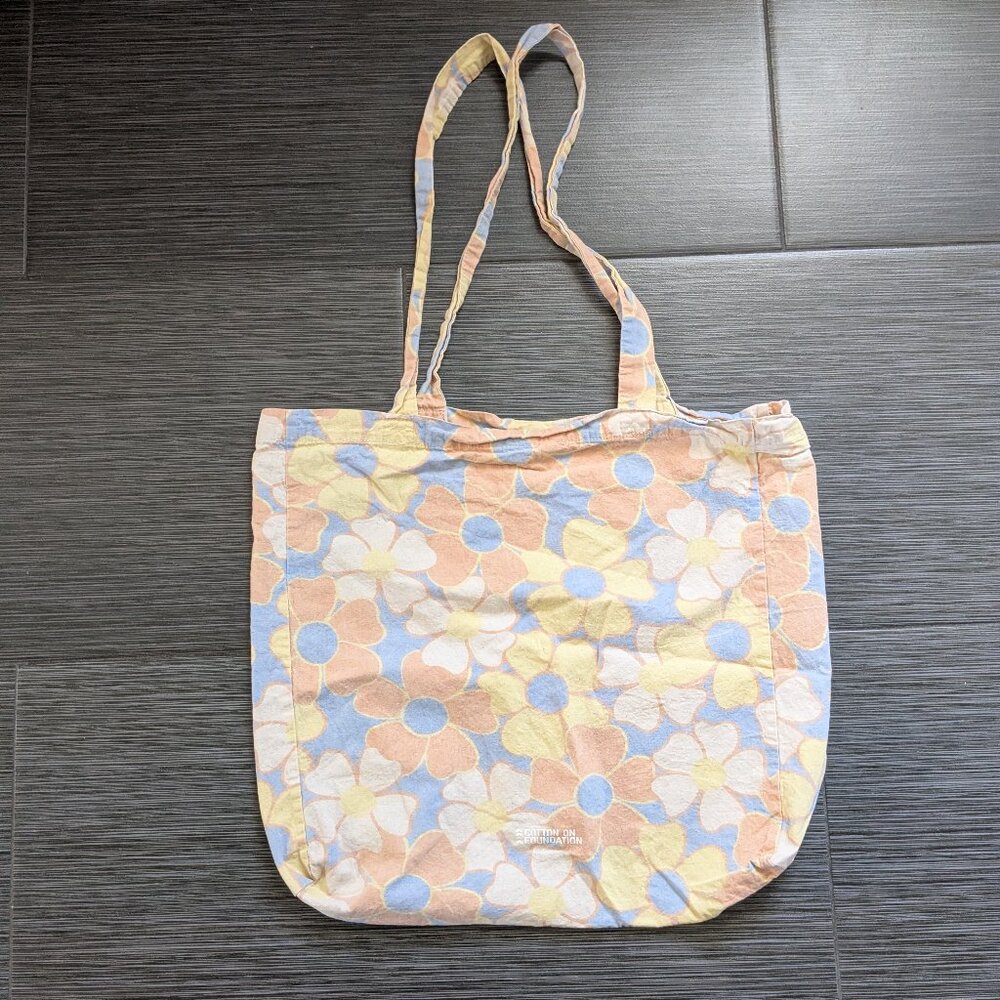 Cotton On Floral Tote Bag Blue Yellow Orange Flowers Errands Shopping Cottage